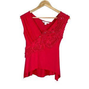 BOSTON PROPER CROCHET BEADED RED V-NECK TOP